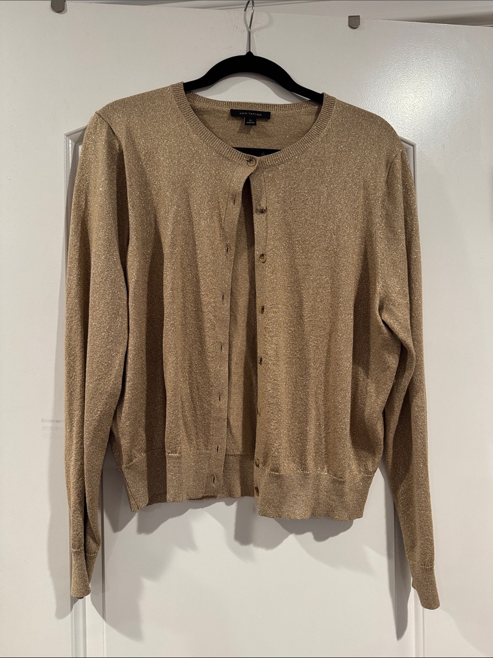 Ann Taylor Metallic Taupe Crewneck Cardigan